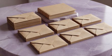 Soft-lit 3D render of physical kraft paper money envelopes arranged neatly on a lilac stone surface