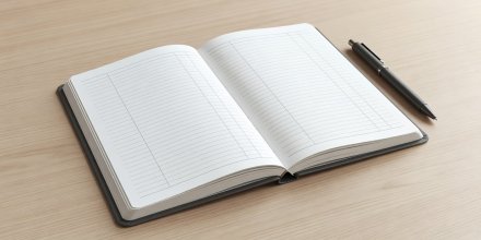 Soft-lit 3D model of an organized physical ledger notebook open on a light surface with a pen